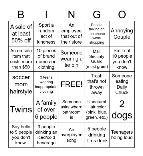 Mall Bingo Card