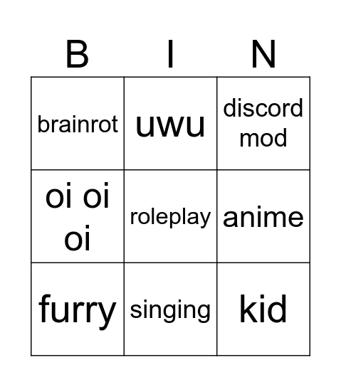 cringe Bingo Card