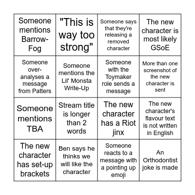 Character Release Bingo Card