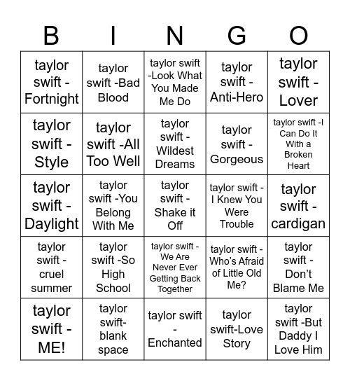 taylor swift bingo Card