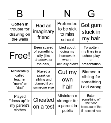 NEVER HAVE I EVER Bingo Card
