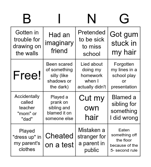 NEVER HAVE I EVER Bingo Card