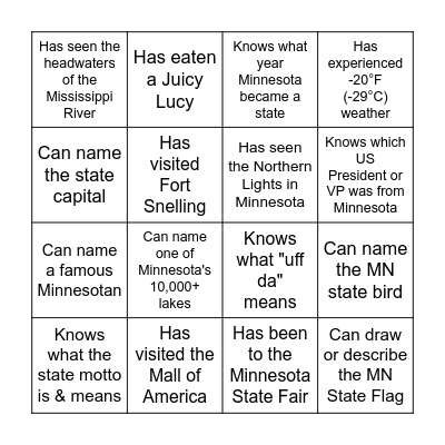 Minnesota Bingo! Bingo Card