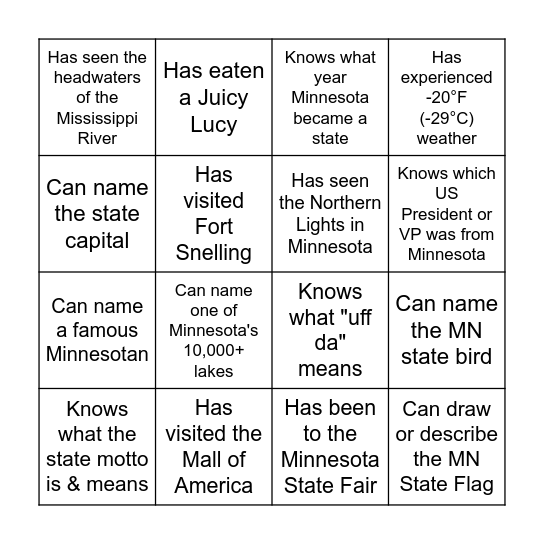 Minnesota Bingo! Bingo Card