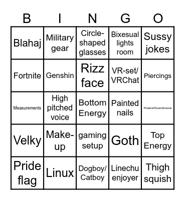 Femboy Tiktok Bingo Card