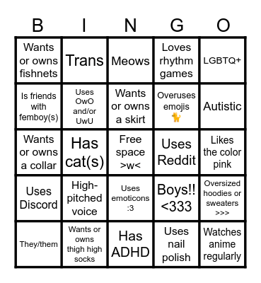 Femboy Bingo Card
