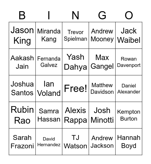 SRT-12 Name Bingo Card