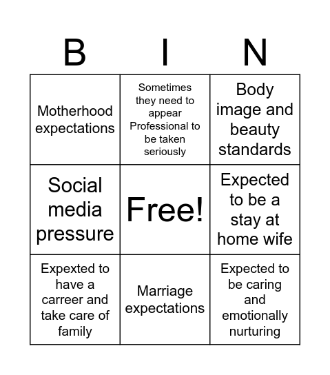 Social pressure that lie on women today Bingo Card