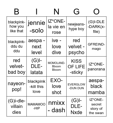 k pop songs Bingo Card