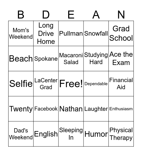 Brysen's Birthday Bingo Card