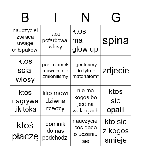 Pierwszy dzień szkoły Bingo Card