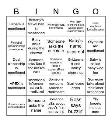 Baby McSweeny Bingo Card