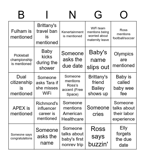 Baby McSweeny Bingo Card