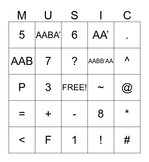MUSICAL BINGO Card