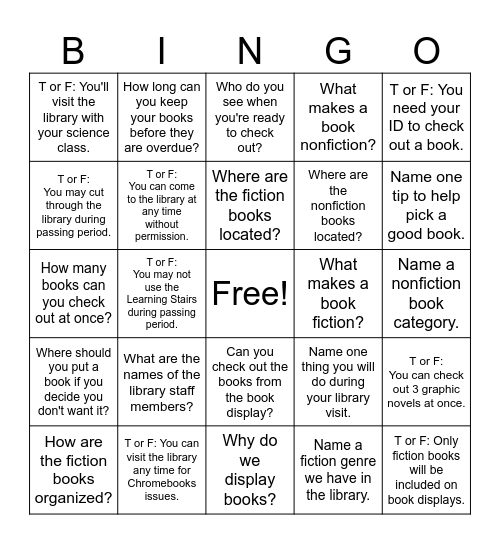 Library Orientation Bingo Card