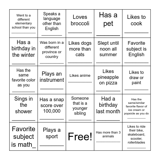 Classmate Scavenger Hunt Bingo Card