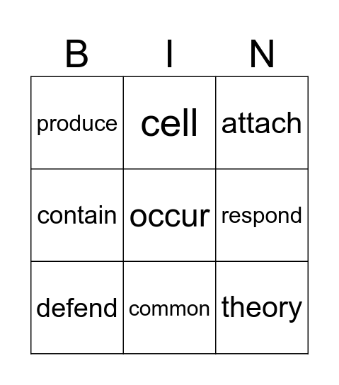 BINGO Unit 1 Vocabulary B Bingo Card