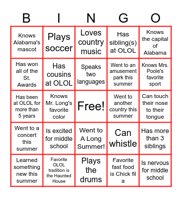 Welcome to 6th Grade! Bingo Card