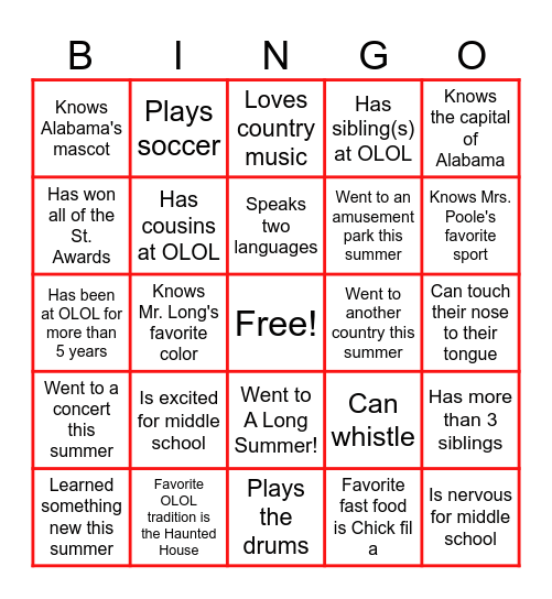 Welcome to 6th Grade! Bingo Card