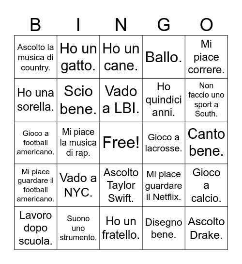 Italiano 2 - BINGO Card