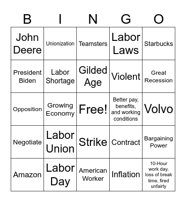 Labor Union Bingo Card