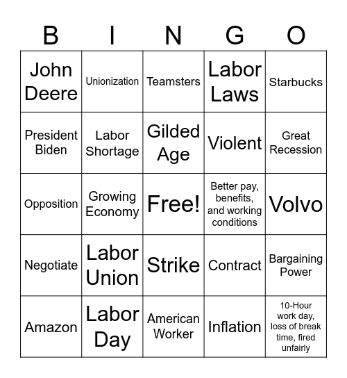 Labor Union Bingo Card