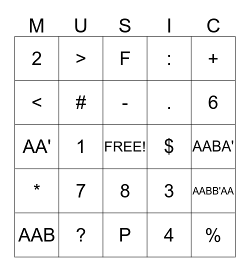 MUSICAL BINGO Card