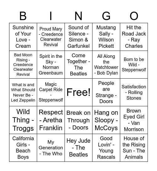 60's Music Bingo Card