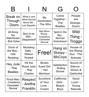 60's Music Bingo Card