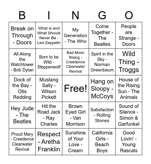 60's Music Bingo Card