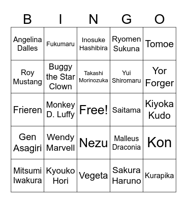 Anime Bingo Card