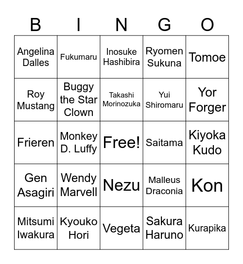 Anime Bingo Card