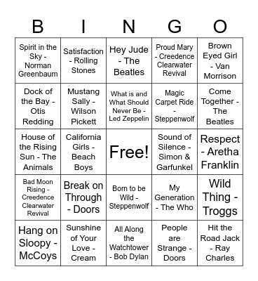 60's Music Bingo Card