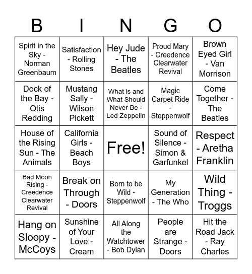 60's Music Bingo Card