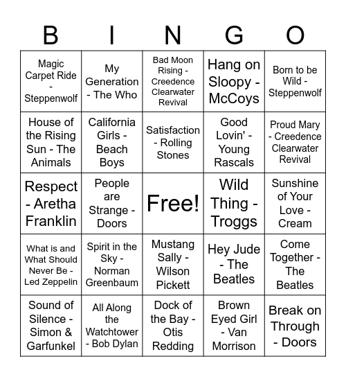 60's Music Bingo Card