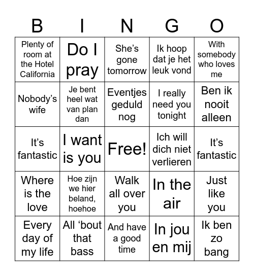 Doorzingers Bingo Card