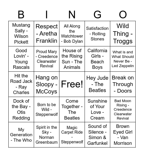 60's Music Bingo Card