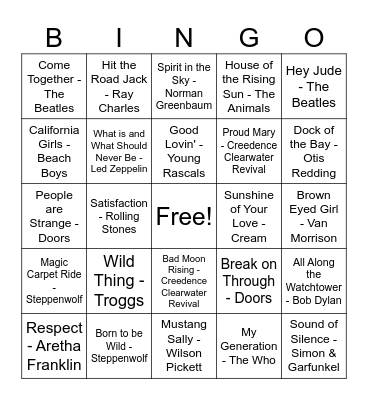 60's Music Bingo Card