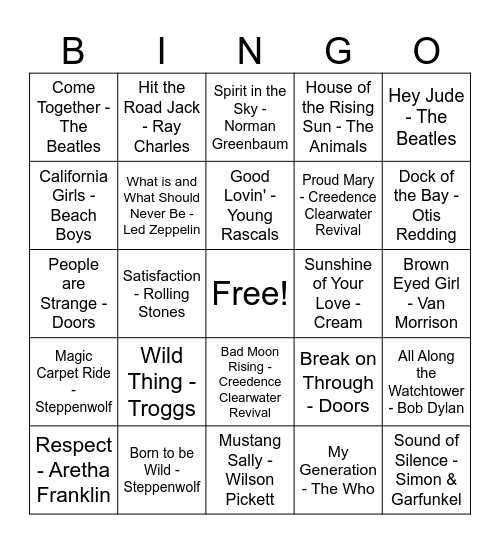 60's Music Bingo Card