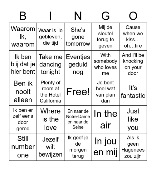 Doorzingers Bingo Card