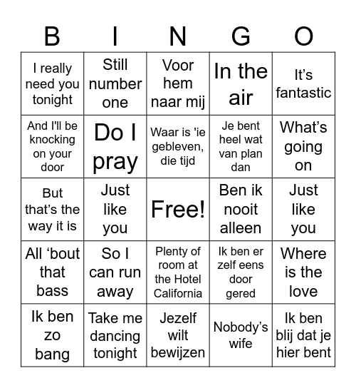 Doorzingers Bingo Card