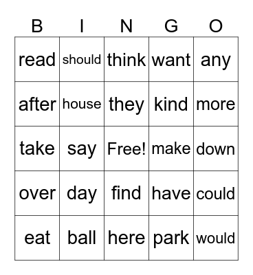 Sight Words Bingo Card