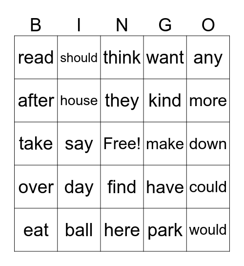 Sight Words Bingo Card