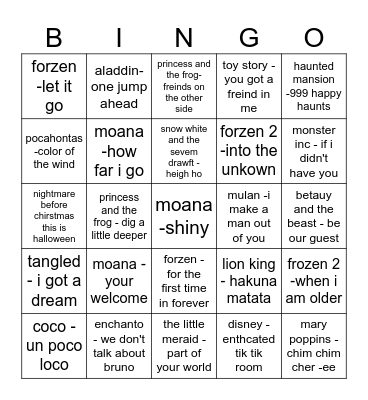 disney song Bingo Card