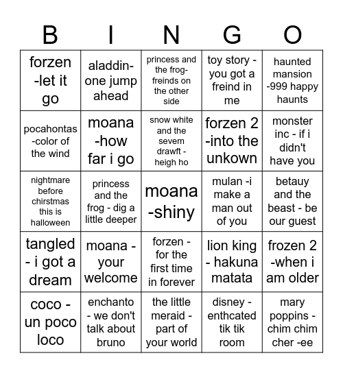 disney song Bingo Card