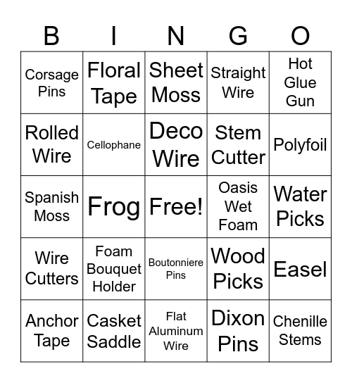 Floral Tool Review Bingo Card