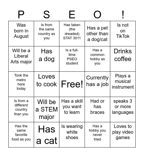 PSEOSA Kick-Off Bingo! Bingo Card