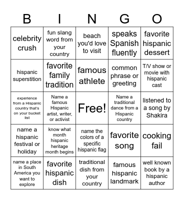 Hispanic Heritage Bingo Card