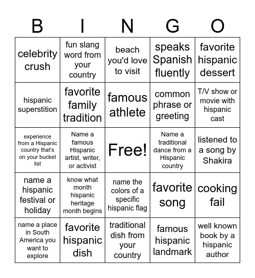 Hispanic Heritage Bingo Card