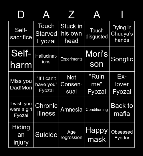 Dazai ficwriting bingo Card